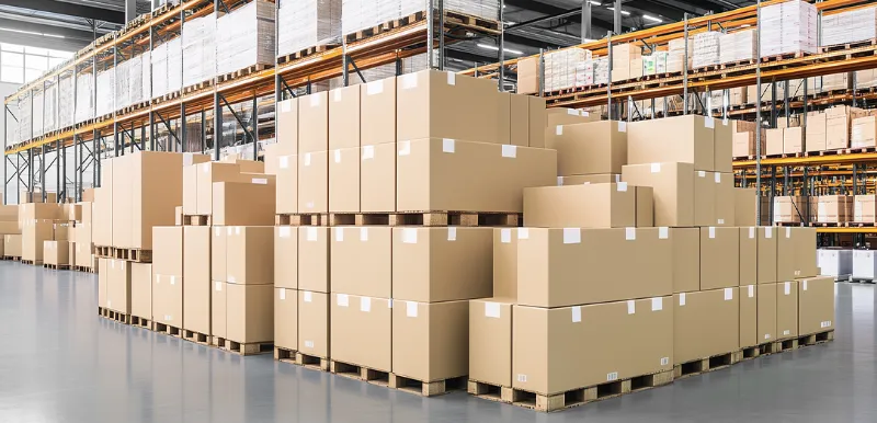 Warehouse with cartons stacked on pallets