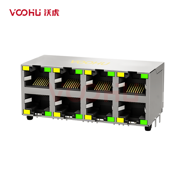 SYT59212488AB1A1DY1E022Short body 90° side insertion 2*4 Tab UP/Down LED Y/G Shield Tabs DIP RJ45