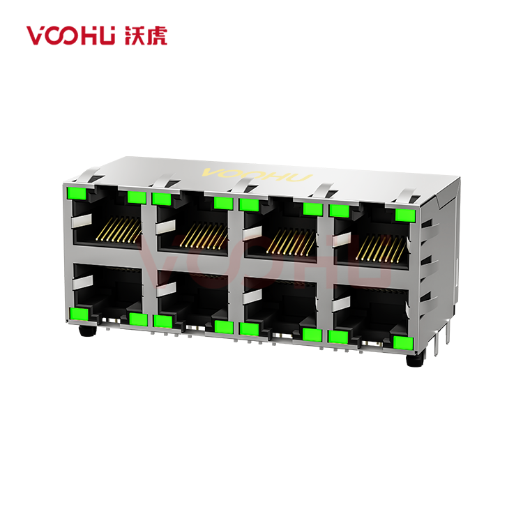 SYT59212488DB3A1DY1C022Short body 90° side insertion 2*4 Tab UP/Down LED G/G Shield Tabs DIP RJ45