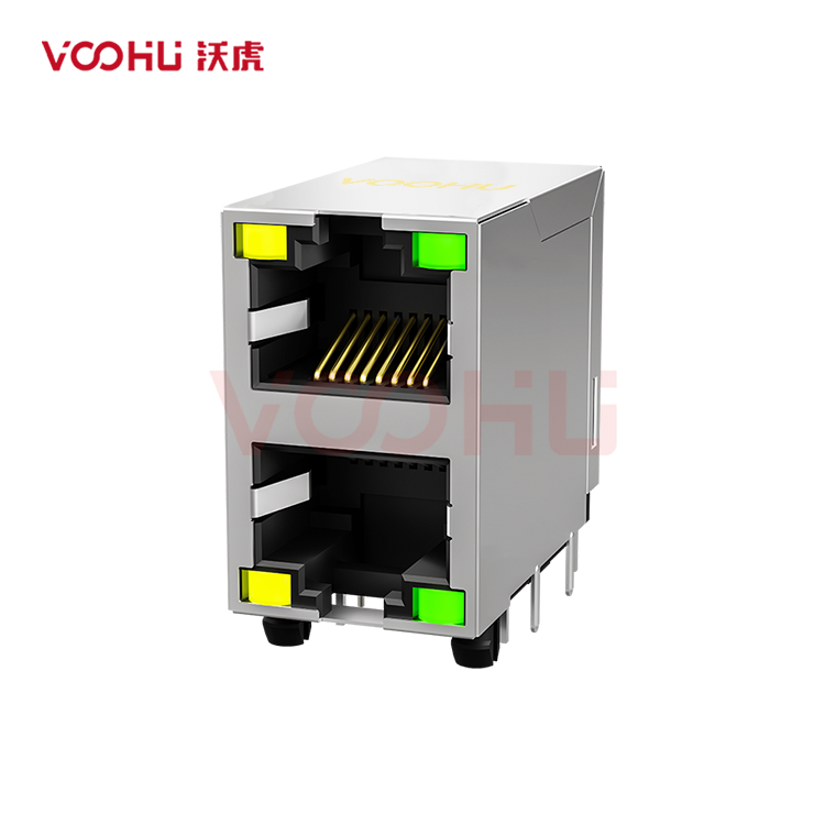 SYT59212188AB1A1DY1E022Short body 90° side insertion 2*1 Tab UP/Down LED Y/G Shield Tabs DIP RJ45