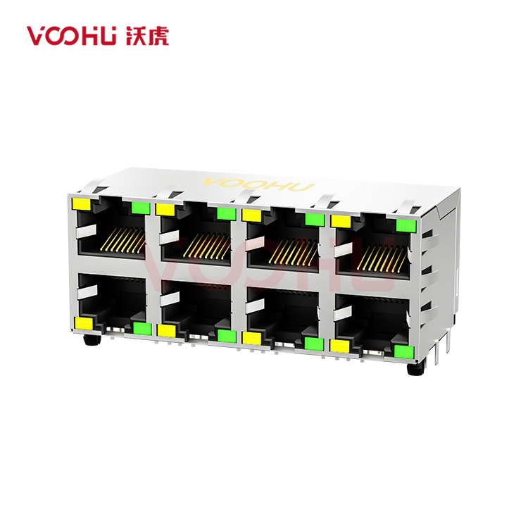 SYT59212488DB1A1DY1C022Short body 90° side insertion 2*4 Tab UP/Down LED Y/G Shield Tabs DIP RJ45