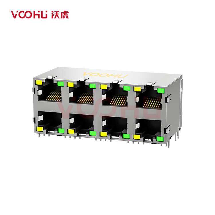 SYT59212488DB1A1DY1B022Long body 90° side insertion 2*4 Tab UP/Down LED Y/G Shield Tabs DIP RJ45