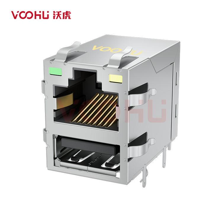 SYT611B101DB2WDA009 90° side insertion 1*1 Tab UP 10/100M LED G/Y DIP RJ45+USB
