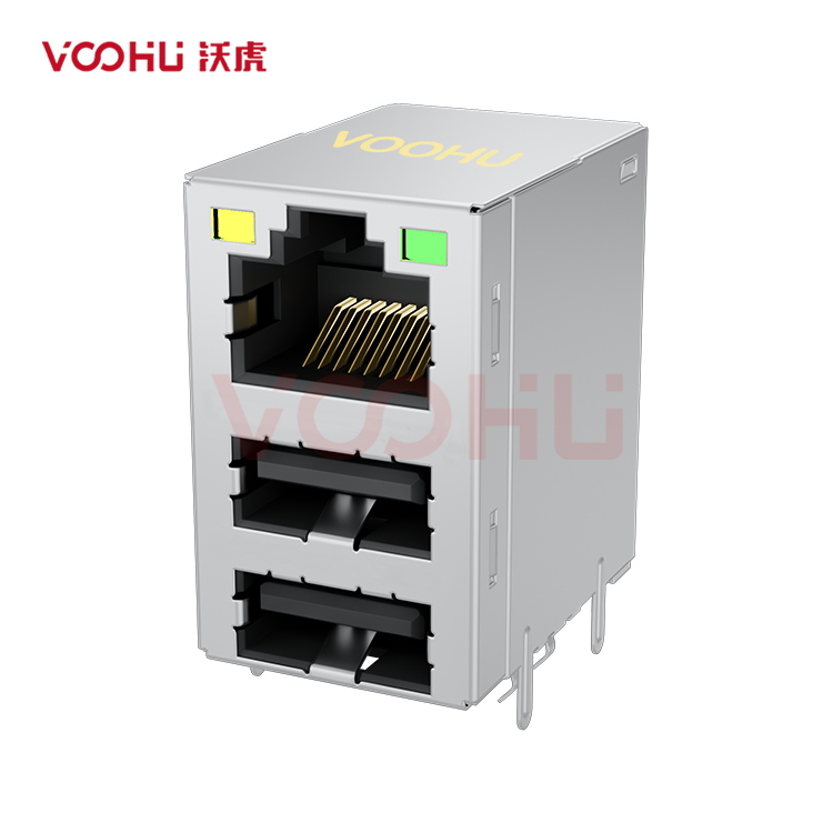 SYT711U2B083AB2W1DN359 90° side insertion 1*1 Tab UP 10/100M LED Y/G DIP RJ45+USB