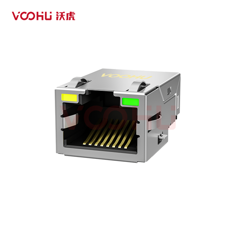 SYT211Q106DB1A7CBS057 90° side insertion 1*1 Tab UP 100/1000M LED G/Y SMD RJ45 Offset Connector