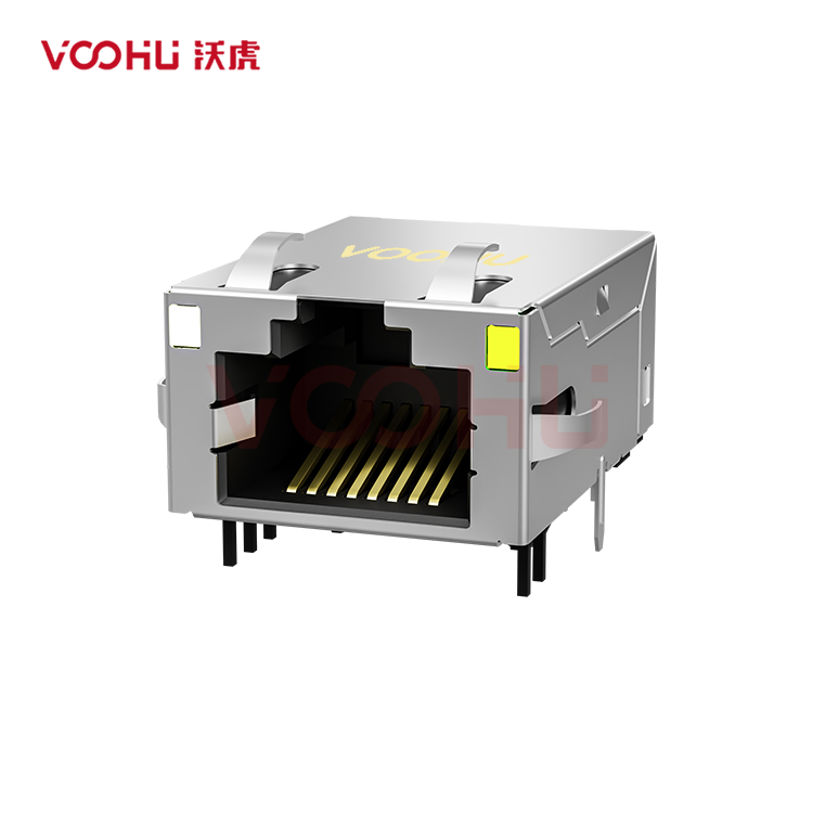 SYT811Q112FN4A10D057 90° side insertion 1*1 Tab UP 100/1000M  LED OG/Y DIP RJ45 (Low Profile)