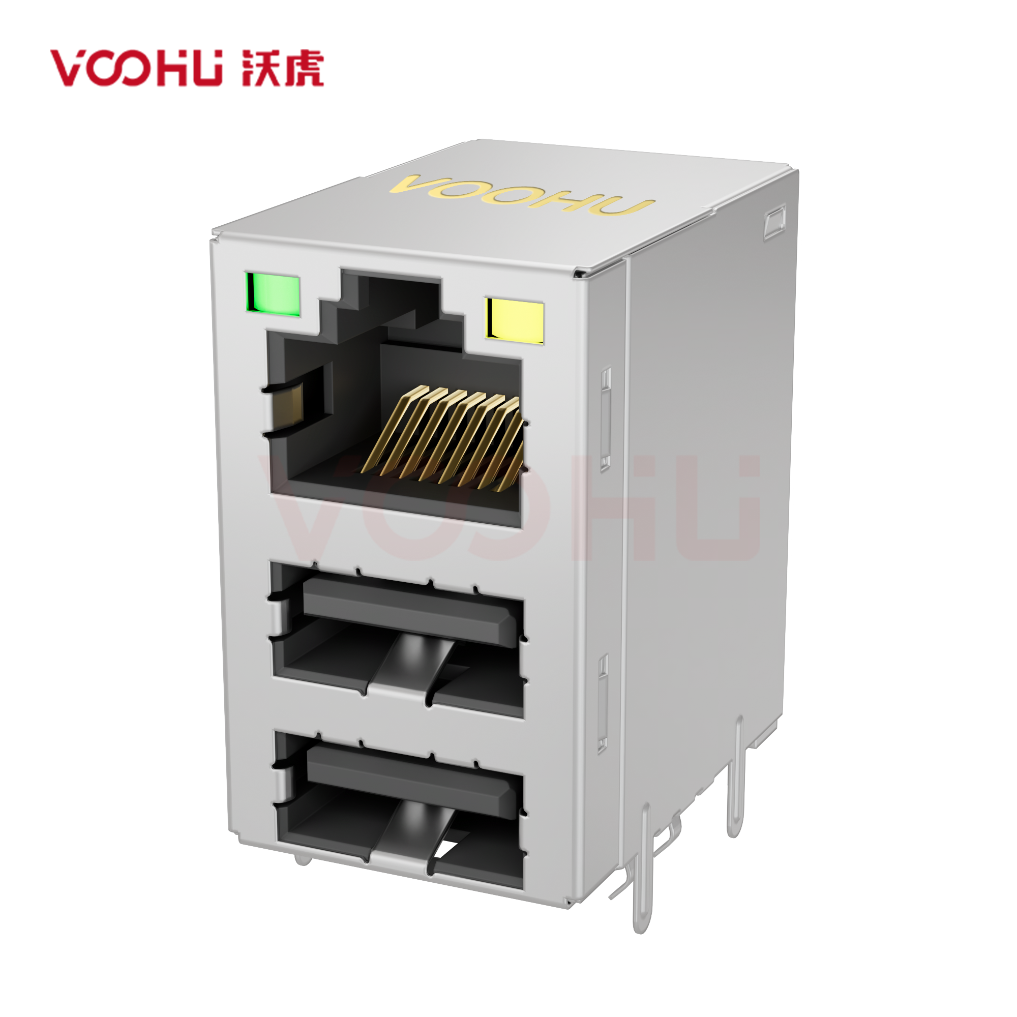 SYT711U2B083AB2W1DN359 90° side insertion 1*1 Tab UP 10/100M LED G/Y DIP RJ45+USB