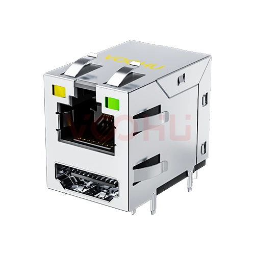 SYTRH1188DB1A1DB1080 90&deg; side insertion 1*1 Tab UP Y/G DIP RJ45+HDMI