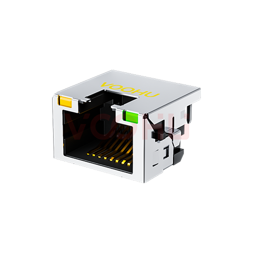 SYTCB431188AB7WA6DB1075  90&deg; side insertion 1*1 Tab Up DIP LED O/G RJ45 Offset Connector