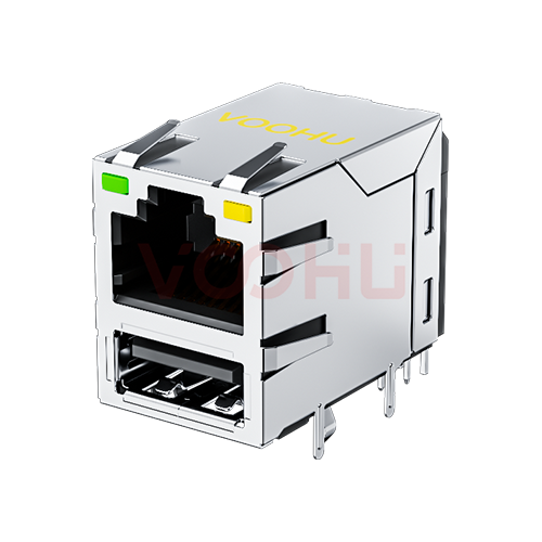 SYT611U2Q008DB2WD 90&deg; 1*1 Tab UP LED G/Y DIP RJ45+USB2.0 1000BASE