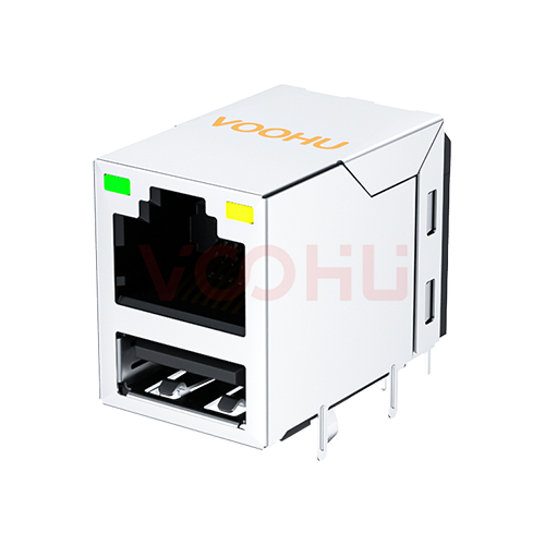 SYT611B101AB2WD  90&deg; side insertion  1*1  Tab Up LED G/Y 10/100M DIP RJ45+USB2.0