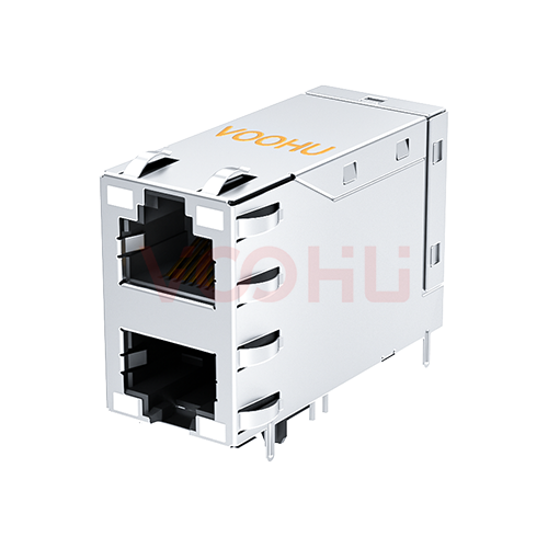 SYT21Q271DG1A2DPB1057 90&deg;  2*1 Tab UP/Down 10G POE+ LED GY/GY Shield Tabs DIP RJ45