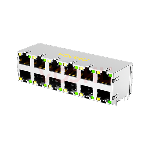 SYT59212688DB1A1DY1B022Long body 90&deg; side insertion 2*6 Tab UP/Down LED Y/G Shield Tabs DIP RJ45